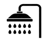 Black and white icon of a showerhead with water droplets falling, indicating a shower or bathroom setting.