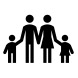 A simple black-and-white icon of a family with two adults in the centre holding hands with two children, one on each side.