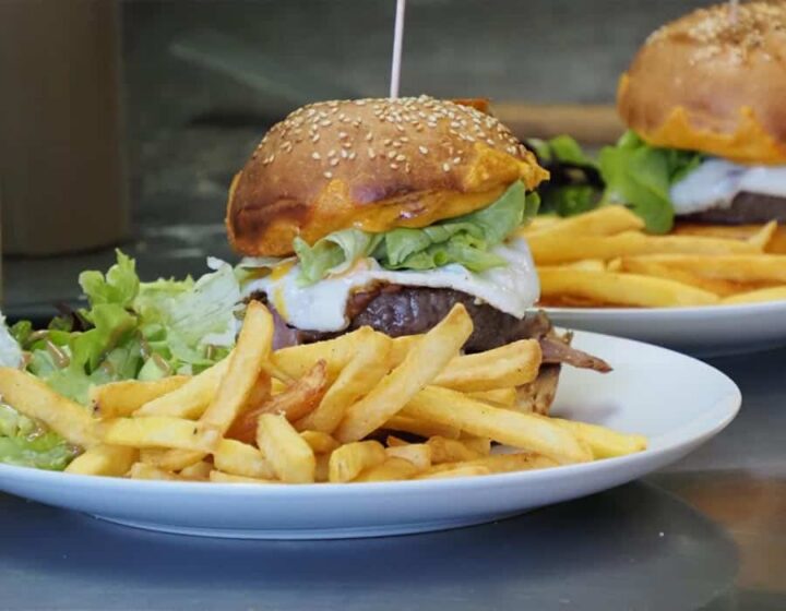 A plate with a cheeseburger topped with lettuce and sauce, served with a side of golden chips and some mixed salad. Another similar plate is partially visible in the background.