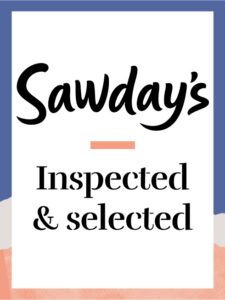 A sign with the text Sawdays Inspected & selected in bold black letters on a white background, bordered by blue at the top and peach at the bottom.