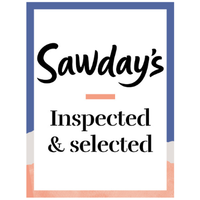 A sign with a blue and peach border reads Sawdays Inspected & selected in bold black text, with a small peach-coloured line separating the words.