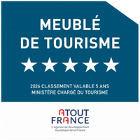 Blue and white plaque with five stars, reading Meublé de Tourisme. Text notes 2026 classification, valid for five years, from the French tourism agency Atout France.