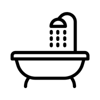 Black and white icon of a bath with a shower head above it, water droplets falling from the shower head, and the bath standing on four short legs.