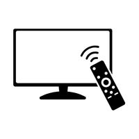 Black icon of a television with a remote control emitting signal waves, indicating remote control operation. White background.