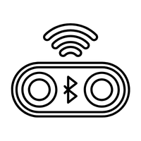Black outline icon of a Bluetooth speaker with two circles on each end, a Bluetooth symbol in the centre, and wireless signal waves above it, all on a white background.