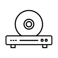Line drawing of a DVD or CD player with a disc inserted, shown in a simple black and white outline style.