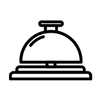 A black and white line drawing of a service bell, typically found at hotel reception desks, on a white background.