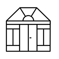 Simple black and white line drawing of a house with a triangular roof, a centred door, rectangular windows on both sides, and a semicircle detail above the door.