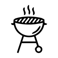 Simple black and white drawing of a charcoal barbecue with three steam lines rising from the top, indicating heat or cooking. The barbecue is round with two legs and a small wheel on one leg.