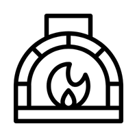 Black and white icon of a brick pizza oven with a flame inside, representing a wood-fired oven or traditional baking oven.