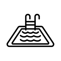 Black and white line drawing of a swimming pool with water waves and a ladder on one side.