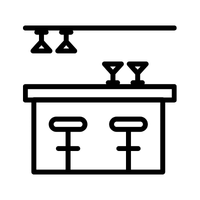 Line drawing of a bar counter with two bar stools, two martini glasses on the counter, and two hanging wine glasses above.