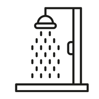Black and white line drawing of a shower with water droplets falling from a shower head inside a shower cubicle.