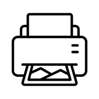 Black and white line drawing of a printer with a sheet coming out, featuring an image or photograph being printed.