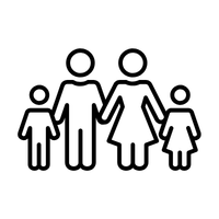 Simple black and white line drawing of a family with two adults and two children holding hands, standing in a row on a white background.