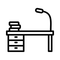 Line drawing of a desk with three drawers, a stack of books on top, and a curved desk lamp on the right side.