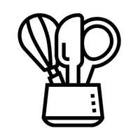 Line drawing of a kitchen utensil holder containing a whisk, a spatula, a spoon, and scissors, all in a simple, black-and-white style.