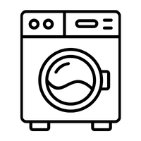 Black and white line drawing of a front-loading washing machine with a circular door and control panel on top.