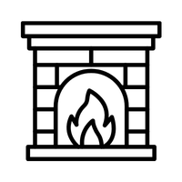 Black and white line drawing of a fireplace with a visible flame inside, surrounded by bricks and a mantelpiece on top.