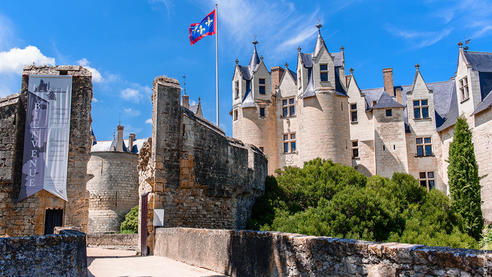 Stone castle with pointed turrets, a Bienvenue banner, and a colourful flag flying above. Green trees and a bright blue sky are in the background.