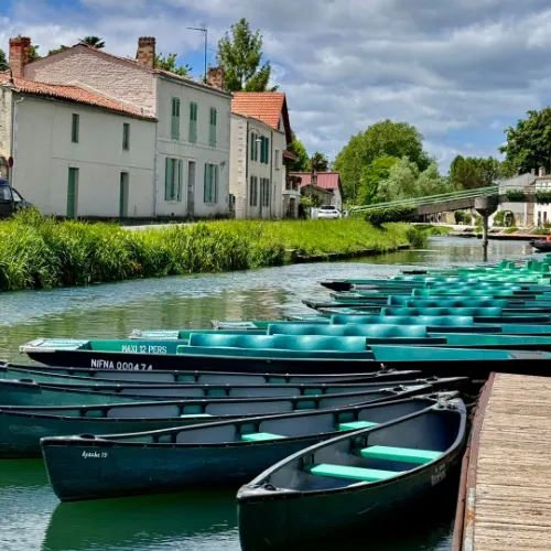 A row of teal and black boats is moored along a canal beside white houses with red roofs, under a partly cloudy sky and surrounded by greenery.