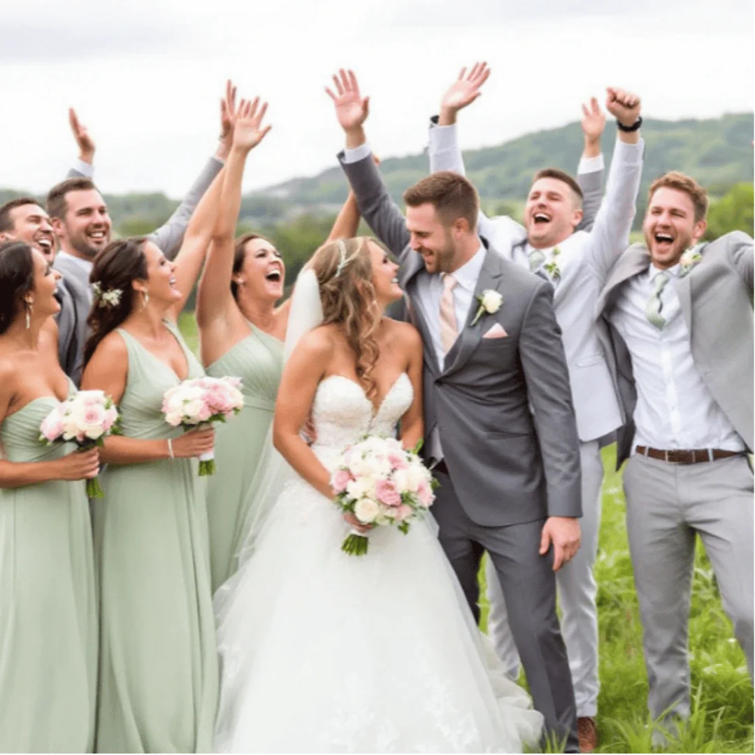 A bride and groom smile at each other whilst their wedding party, dressed in light green and grey, cheer and raise their arms in celebration outdoors on a green field.