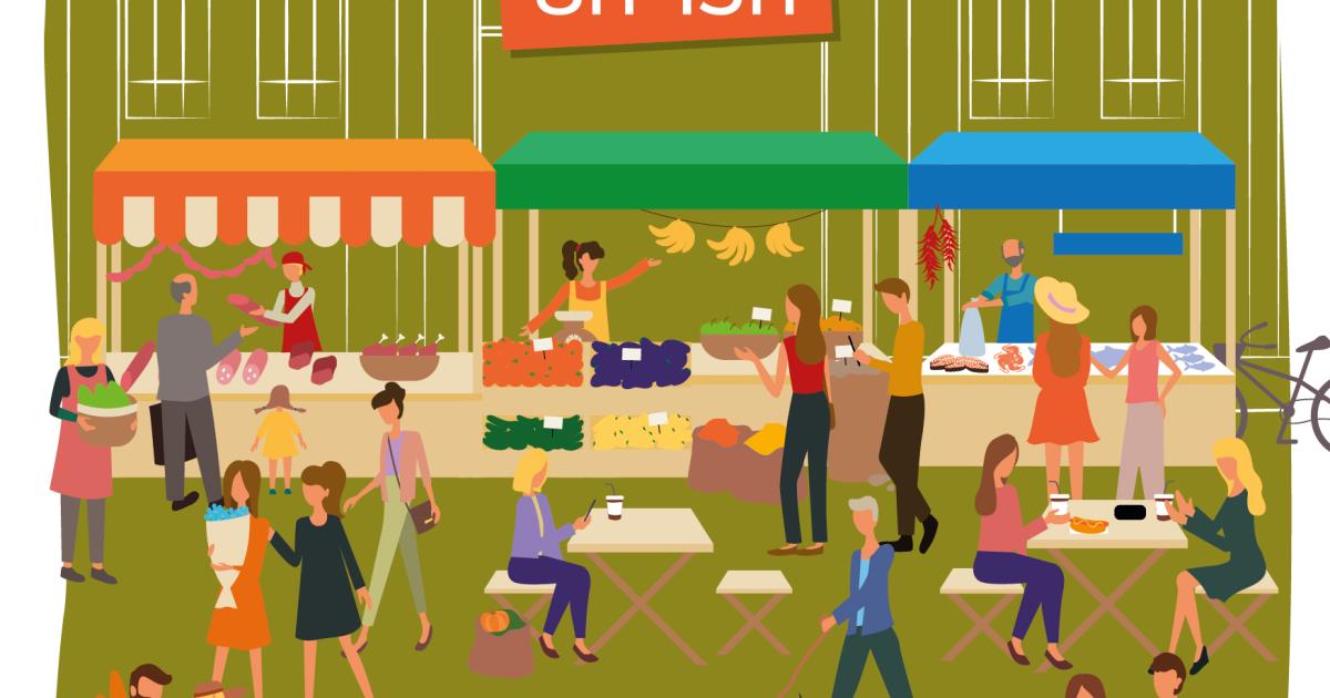 Illustration of a busy outdoor farmers' market with people shopping for fruit and vegetables, vendors at stalls, and several groups sitting at tables eating and drinking. The market is in front of a green building.