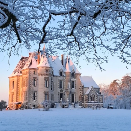 A stone château with steep roofs sits under snow, framed by snow-covered tree branches, as sunlight casts a warm glow on the wintry landscape.