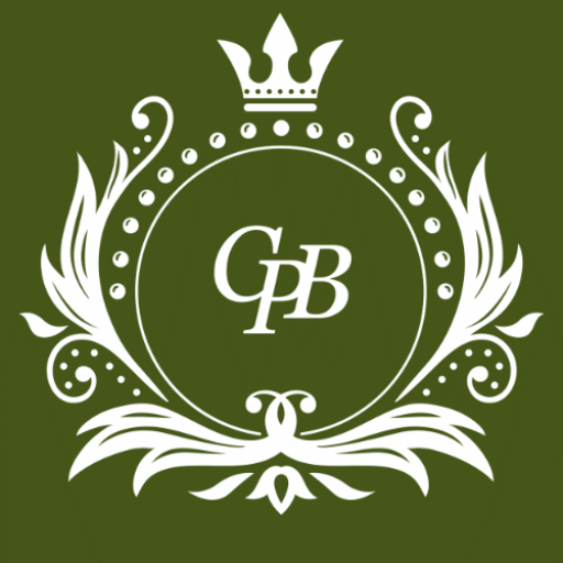 White ornate crest with a crown at the top, encircling the letters CPB on a green background. Decorative flourishes frame the circular design.