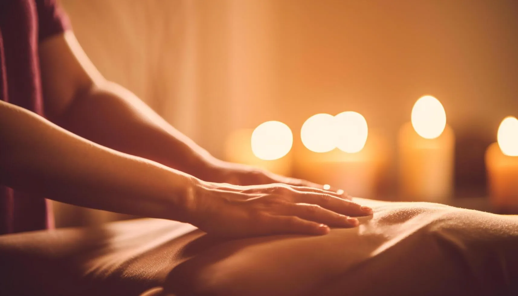 Hands gently massaging a person's back in a softly lit room with several glowing candles in the background, creating a relaxing and calm atmosphere.