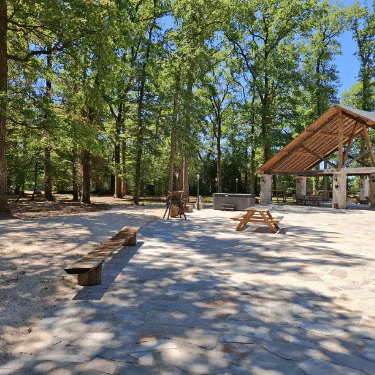 A shaded picnic area in a park with wooden benches, a picnic table, and a large open pavilion surrounded by tall trees on a sunny day.