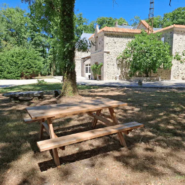 A wooden picnic table sits in the shade of a tree on a lawn, with a stone house and greenery in the background on a sunny day.